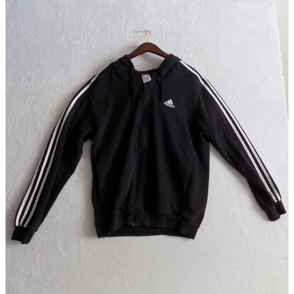 Adidas Mens 3-Stripes Full Zip Hoodie Black White Medium Fleece Hooded